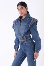 Denim Jacket with Embroidered Shoulder and Zipper Closure 1603-01-(SL-5) Denim Jacket with Embroidered Shoulder and Zipper Closure 1603-01-(SL-5)