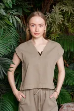 V Yaka Keten Bluz HS608-74-(S+L+4)