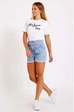 Pleated Denim Short with Denim Belt 222-42-(S-XL-6) Ice Blue - Tinted Pleated Denim Short with Denim Belt 222-42-(S-XL-6) Ice Blue - Tinted