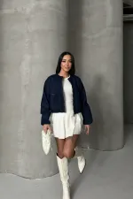 Cropped Zip-Up Jacket 6198-17-(S-L-3) Slubbed Navy Blue