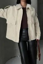 Denim Jacket with Fur Collar Detail 6169-65-(S+L+4) Stone Denim Jacket with Fur Collar Detail 6169-65-(S+L+4) Stone