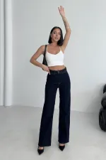 Wide Leg Palazzo Relaxed Jean with Decorative Front Pockets  1710-17-(30-36) Slubbed Navy Blue