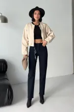 Cropped Zip-Up Jacket 6198-65-(S-L-3) Stone