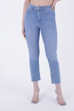 Fringe Ending High Waisted Mom Fit Jean 764-15-(26-29) Light Blue Denim