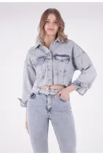 Oversize Short Denim Jacket with Stars and Rhinestones 6005-08-(S-L-5) Snow Light Blue Oversize Short Denim Jacket with Stars and Rhinestones 6005-08-(S-L-5) Snow Light Blue