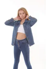 Tasseled Ending Denim Jacket with Lace-up Sleeve 618-62-(S-XL) Middle Blue - Tinted Tasseled Ending Denim Jacket with Lace-up Sleeve 618-62-(S-XL) Middle Blue - Tinted
