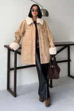 Kol ve Yakası Kürk Detaylı Orta Boy Kot Ceket 6168-70-(S+L+4)