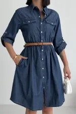 Büzgü Detaylı Kısa Kot Elbise 3040-26-(S-XL)