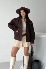 Denim Jacket with Stud Details 6253-78-(S-L-3) Brown