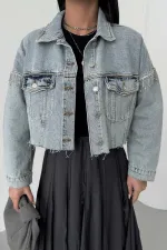 Short Oversize Denim Jacket with Rhinestones 6084-08-(S-XL-6) Snow Light Blue Short Oversize Denim Jacket with Rhinestones 6084-08-(S-XL-6) Snow Light Blue