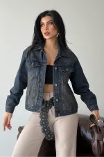 Denim Jacket with Buttons  6081-19-(S-L-3) Dark Blue Intense Tinted