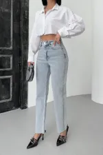 Şerit Taşlı Mom Fit Kot Pantolon 7110-08-(32-36) Şerit Taşlı Mom Fit Kot Pantolon 7110-08-(32-36)