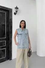 Gilet en denim mi-long 6053-08-(SL-4)