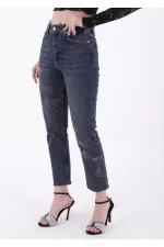 Çapraz Taşlı Mom Fit Kot Pantolon  7054-28-(28-33)