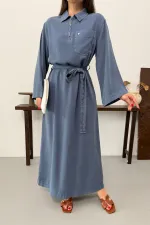 Belted Long Denim Dress 3035-98-(S-XL) 