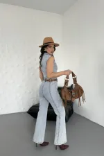 Kuplu Kolsuz Fermuarlı Kot Tulum 3013-08-(S-XL)