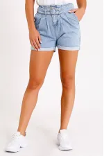 Pleated Denim Short with Denim Belt 222-42-(S-XL-6) Ice Blue - Tinted Pleated Denim Short with Denim Belt 222-42-(S-XL-6) Ice Blue - Tinted