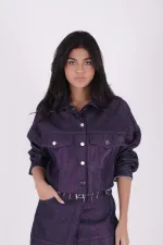 Short Oversize Denim Jacket 651-55-(S-L-3) Purple Coated Glitter Short Oversize Denim Jacket 651-55-(S-L-3) Purple Coated Glitter