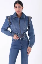 Denim Jacket with Embroidered Shoulder and Zipper Closure 1603-01-(SL-5) Denim Jacket with Embroidered Shoulder and Zipper Closure 1603-01-(SL-5)