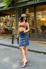 Classic Mid Length Denim Skirt  1039-01-(40-42-2) Dark Blue Denim