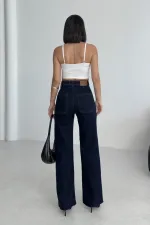 Wide Leg Palazzo Relaxed Jean with Decorative Front Pockets 1710-17-(32-36) Slubbed Navy Blue Wide Leg Palazzo Relaxed Jean with Decorative Front Pockets 1710-17-(32-36) Slubbed Navy Blue