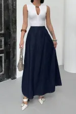 Ruffled Long Skirt with Elasticated Waist  1063-17-(S-XL) Slubbed Navy Blue