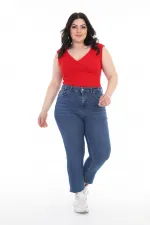 Fringe Ending High Waisted Mom Fit Jean  764-01-(32-36) Dark Blue Denim