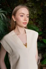 V Neck Linen Blouse HS608-65-(S+L+4) Stone