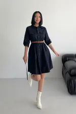 Büzgü Detaylı Kısa Kot Elbise 3040-73-(S-XL)