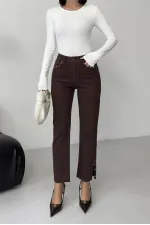 Mom Jean with Side Slits 1774-78-(27-32) Brown Mom Jean with Side Slits 1774-78-(27-32) Brown