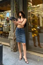Classic Mid Length Denim Skirt  1039-01-(40-42-2) Dark Blue Denim