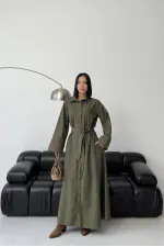 Düğmeli Uzun Boy Kot Elbise  3047-67-(S-XL)