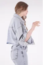Oversize Short Denim Jacket with Stars and Rhinestones 6005-08-(S-L-5) Snow Light Blue Oversize Short Denim Jacket with Stars and Rhinestones 6005-08-(S-L-5) Snow Light Blue