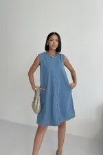 Sleeveless Oversize Denim Dress with Pocket 3043-25-(S-XL-6) Middle Blue