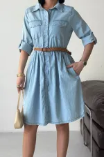 Büzgü Detaylı Kısa Kot Elbise  3040-42-(S-XL)