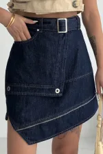 Ripped Denim Skirt with Denim Belt and Decorative Zipper 117-17-(36-42-6-2) Slubbed Navy Blue