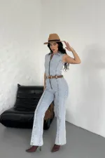 Kuplu Kolsuz Fermuarlı Kot Tulum 3013-08-(S-XL)