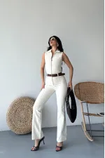 Sleeveless Denim Jumpsuit with Zipper and Belt 3013-80-(S-XL) Natural