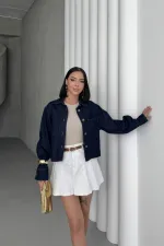 Short Denim Jacket with Pockets 6082-17-(S-XL) Slubbed Navy Blue