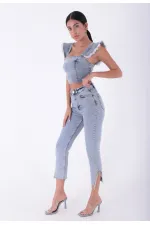 High Waisted Mom Jean with Rhinestones on Leg Hems Sides 1881-08-(26-28) Snow Light Blue High Waisted Mom Jean with Rhinestones on Leg Hems Sides 1881-08-(26-28) Snow Light Blue