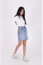 Short Length Denim Skirt with Stitched Hem 1036-15-(36-44) Light Blue Denim
