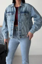 Denim Jacket with Buttons  6081-06-(S-L-3) Middle Blue Denim