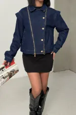 Zipper Detail Denim Jacket 6141-17-(S-L-3) Slubbed Navy Blue Zipper Detail Denim Jacket 6141-17-(S-L-3) Slubbed Navy Blue