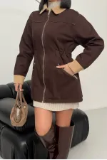 Velvet Piece Detailed Zippered Denim Jacket 6129-78-(S-XL) Brown