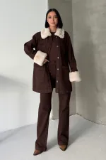 Kol ve Yakası Kürk Detaylı Orta Boy Kot Ceket 6168-78-(S+L+4)