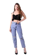 Yanı Fermuarlı Mom Kot Pantolon 717-08-(27-32) Yanı Fermuarlı Mom Kot Pantolon 717-08-(27-32)