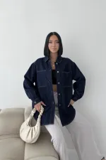 Düğmeli Oversize Kot Gömlek 6080-17-(S+L+3)