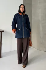 Velvet Piece Detailed Zippered Denim Jacket 6129-26-(S-XL) Regular Dark Blue