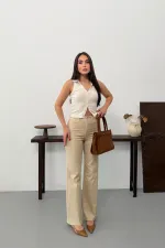 Wide Leg Palazzo Relaxed Jean with Decorative Front Pockets  1710-65-(27-32) Stone