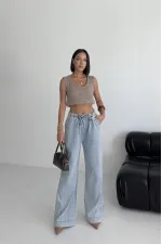 Elastic Waist Palazzo Jean 7076-08-(S-XL) Snow Light Blue